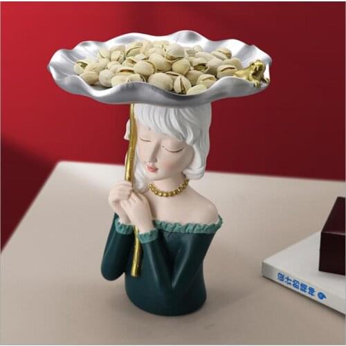 Chinese Lotus Leaf Girl Storage Tray Resin Adornments Home Livingroom Sculpture Crafts Office Coffee Table Figurines Decoration