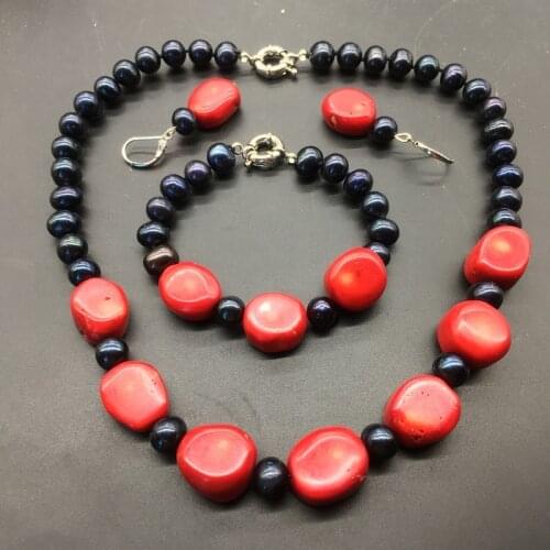 LJHMY Black Freshwater Pearl Red Coral Necklace Earrings And Bracelet African Jewelry Set Luxury Jewelry Set for Women