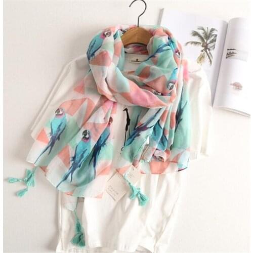 Foreign trade fresh and elegant cotton linen art women scarves parrots printed tassels scarf large air-conditioning shawl
