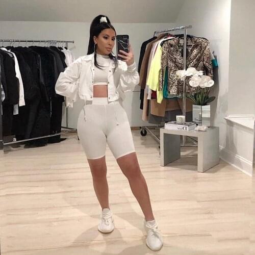 Fashion Casual Skinny Streetwear Ribbed Fabric Woman Two Piece Set Sleeveless Fitness Turtleneck Tank Top And Shorts Set