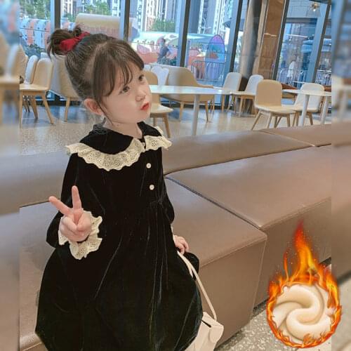 2021 New Spring Baby Girls Cotton Dress Kids Lace Winter Childrens Top Little Long Sleeved Princess Black Sweater High Quality