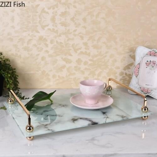 Imitation Marble Glass Tray Decorative Trays Golden Handle Serving Tray Dressing Table Cosmetic Storage Plates Bathroom Shelves