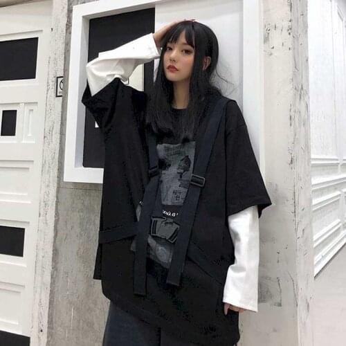 Fake two-piece printed round neck long-sleeved shirt womens loose bandage was thin and wild loose top super fire Harajuku stree