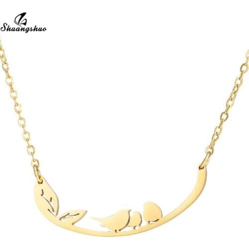 Shuangshuo Gold In the Wind- 3 Birds Necklace Family Bird Pendants Chokers Stainless Steel Jewelry for Mother Sister Birthy Gift