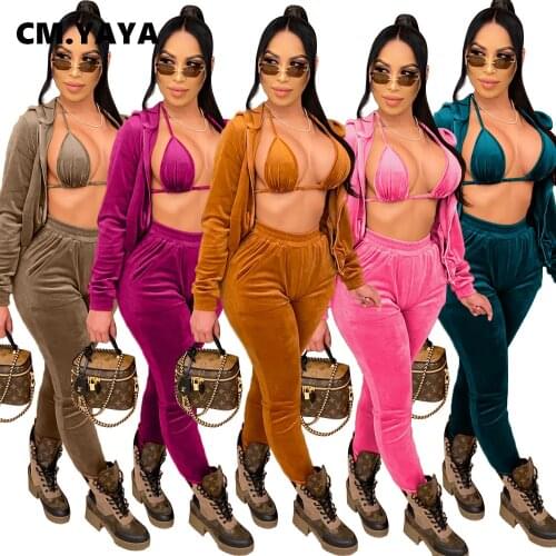 CM.YAYA Sporty Velvet Sweatsuit Womens Set Hooded Track Jacket Bra Top Jogger Pants Set ActiveTracksuit Three 3Piece Outfit Set