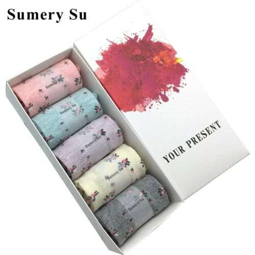Sumery Su Women Flower Socks Short Socks Cute Cotton Casual Happy Short Ankle Socks Girl Sweet Gift 5 Pairs /Lot