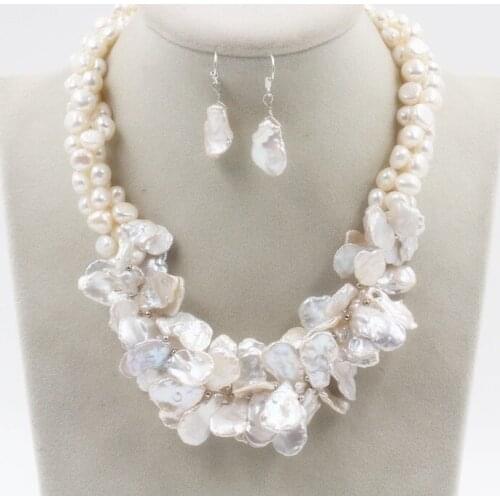 Wedding 3 rows June Pearl Baroque White keshi reborn Pearl Necklace 18" +Earring