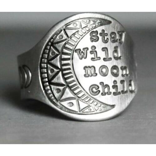Vintage Silver Plated Engraved Moon Ring Retro Lettering Circle Rings for Women Punk Gothic Party Fashion Jewelry Gift K5C343