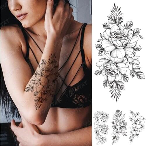 Waterproof Temporary Tattoo Stickers Peony Plum Blossom Black Flash Tattoos Female Minimalist Line Body Art Arm Fake Tatto Women