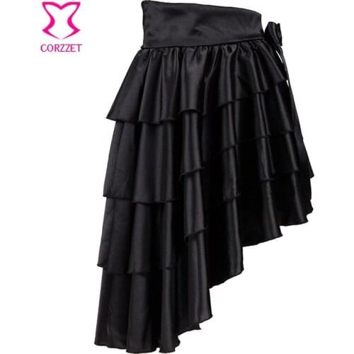 Black Satin Bow Asymmetrical Layered Ruffle Victorian Steampunk Skirt Lolita Women Sexy Gothic Skirts Matching Corset, Costume