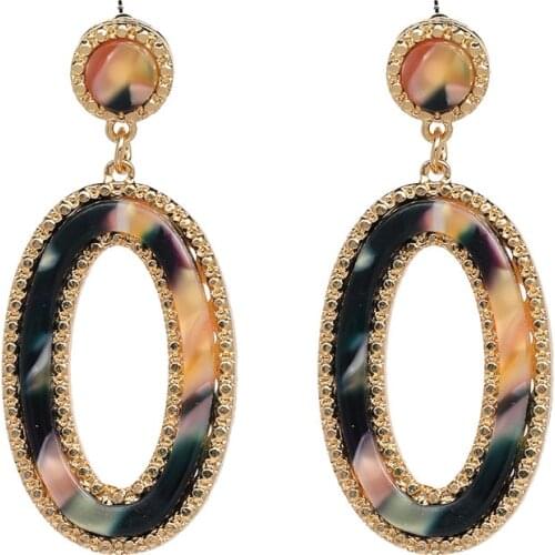 2021 New Multicolor Round Resin Geometric Acetate Plate Hollow Out Oval Stud Earring for Girl