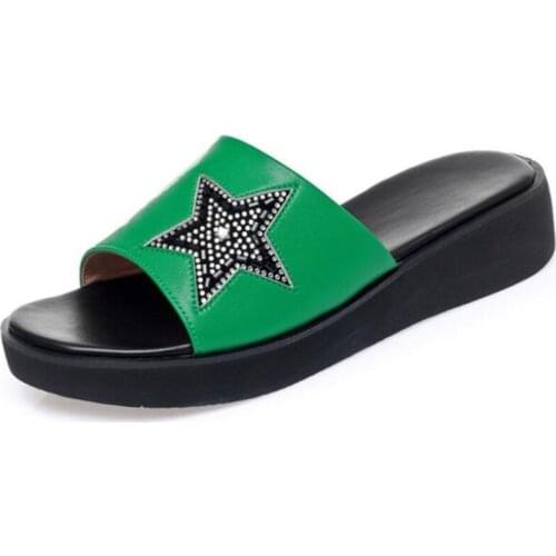 Best Sale 2020 Summer New Rhinestone Genuine Leather Sandals Slippers Thick Bottom Wedge Sandals Comfort Non-slip Women Sandals