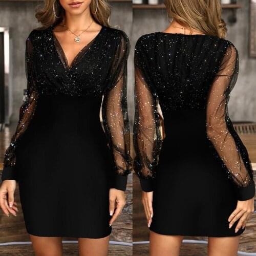 Women Sequins Sexy New 2021 Summer Female Dress Black Retro Elegant Party Culb Dress Mesh V-neck Sequined Gown Sexy Dress Summer