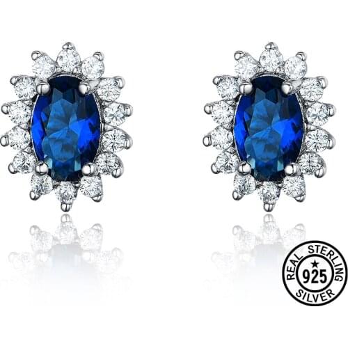 Real 925 Sterling Silver Earrings For Women Classic Diana Created Blue Sapphire British Royal Stud Earrings Gifts Fine Jewelry