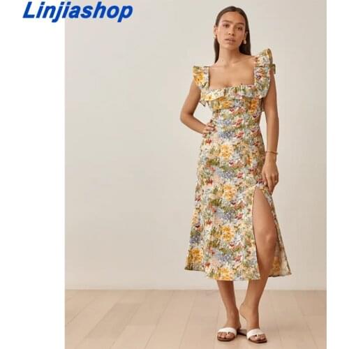 Floral Ruffles Sundress Women Square Collar Vintage Summer Dress Backless Elastic Slim Waist Party Dresses French
