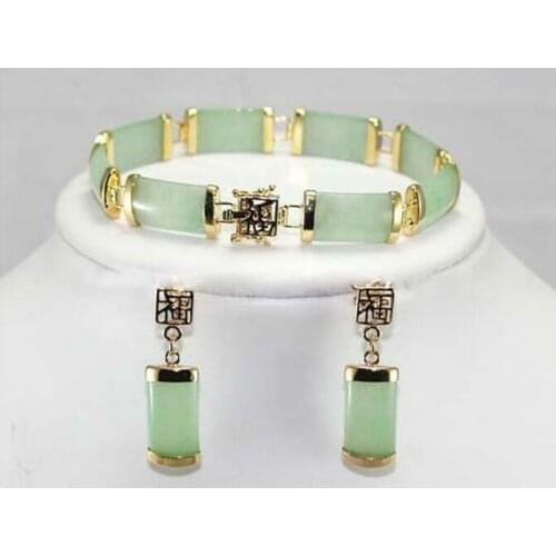 Ladies Jewelry Set Green Jade Gmestone Bracelet Earring Set