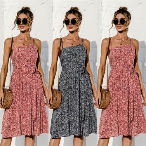 Women Summer Sexy Sling Dress Printed Sweet Bowknot Lace-Up Knee-Length Dress Ladies Fashion Clothing Party Shopping Daily Wear