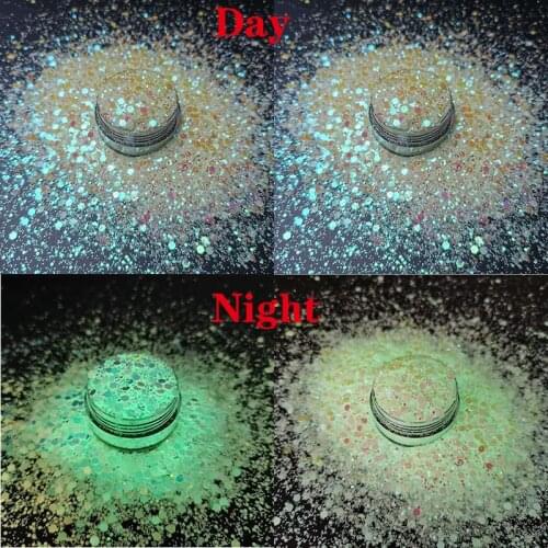 1Bag 3Sizes Mix Glow in the Dark Iridescent Chunky Glitter For Nail Art 0.2/1/2mm Mix Glow In The Dark Chunky Glitter 2Colors