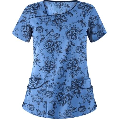 Women Blouse Fashion Printed Nursing Scrubs Tops Short Sleeve Irregular -neck Tops Casual Working Uniform Pocket Women Clothes
