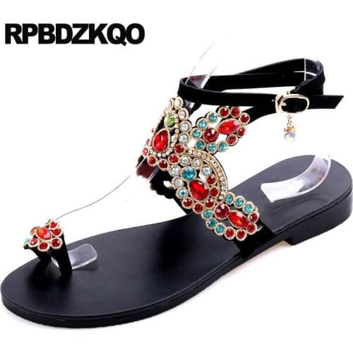 Large Size Black Shoes Diamond Wedding Elegant Women Sandals Flat Casual Bridal Plus Toe Ring Rhinestone Jewel Bling Ankle Strap