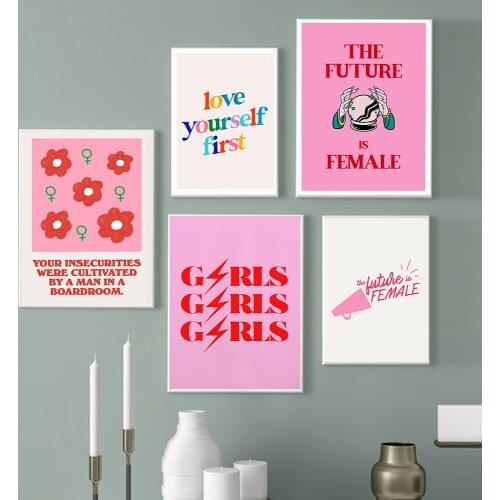 Girl Inspirational Love Picture Wall Art Poster Print Retro Feminist Aesthetic Pink Quote Canvas Painting Living Room Home Decor