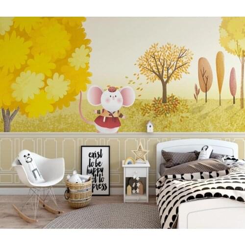 Customized cartoon golden yellow forest scenery rich tree children room background wall painting wallpaper