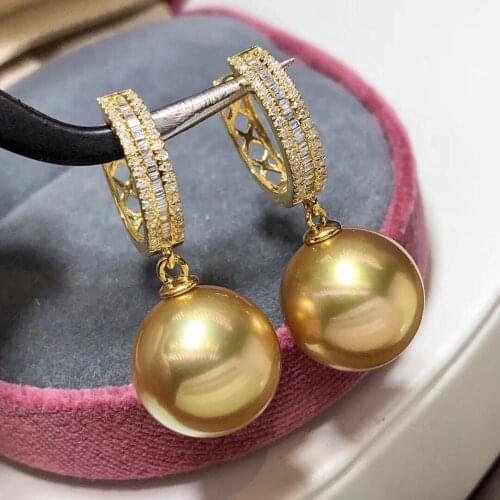 Fine Jewelry Pure 18 K Yellow Gold Natural Philippine 11-12mm Ocean Golden Round Pearl Earrings for Women Fine Pearl Earrings