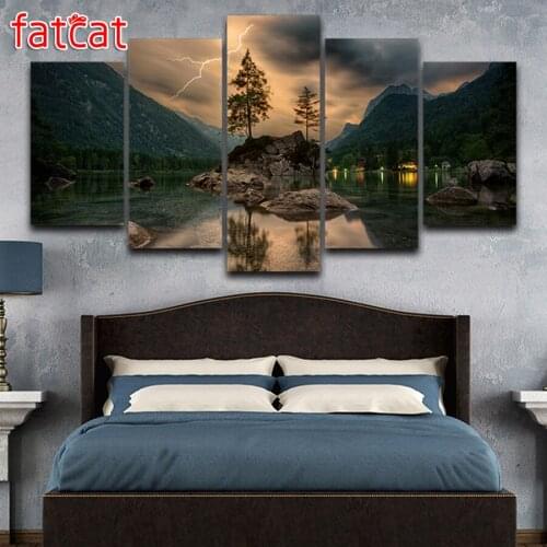 FATCAT 5 Pieces Mountain Lake Lightning Landscape Picture Diy Diamond Painting Full Square Round Diamond Embroidery Sale AE961