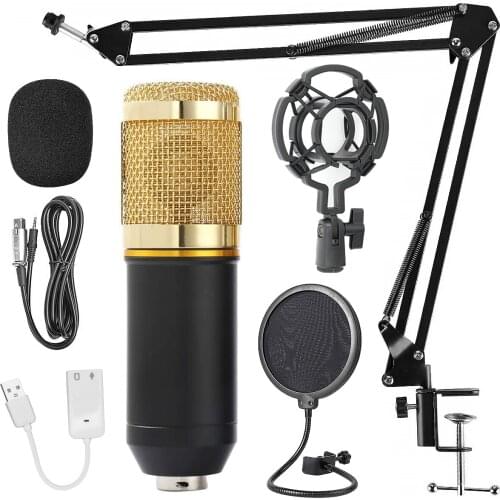 Condenser Microphone Mic Set with USB Sound Card Mount Stand for Live Broadcast Sound Recording