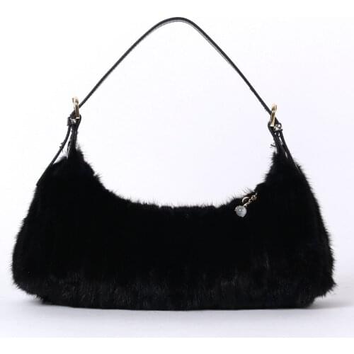 Fashion Women Dress Shoulder Bag Real Mink Fur Black Handbag For Ladies