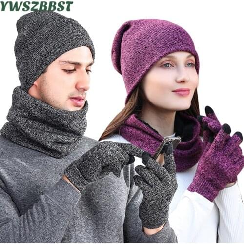 Fashion Knitted Men Outdoor Beanie Plus Velvet Women Hat Scarf Glove Sets Autumn Winter Men Warm Scarf Hat Glove Women Hats Caps