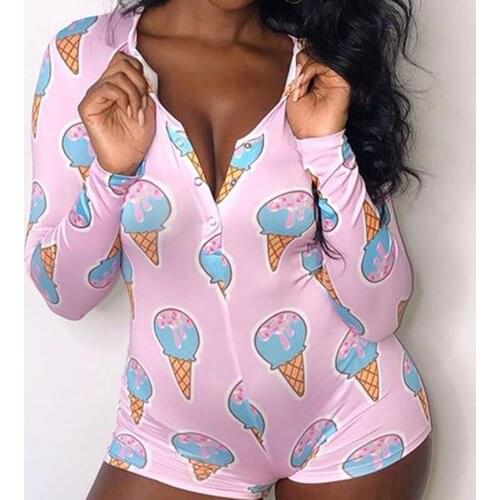 OMSJ 2020 Light Pink Cute Ice-cream Print Short Jumpsuit Women Onesies Pajamas Deep V-neck Sexy Sleepwear Button Adjult Playsuit