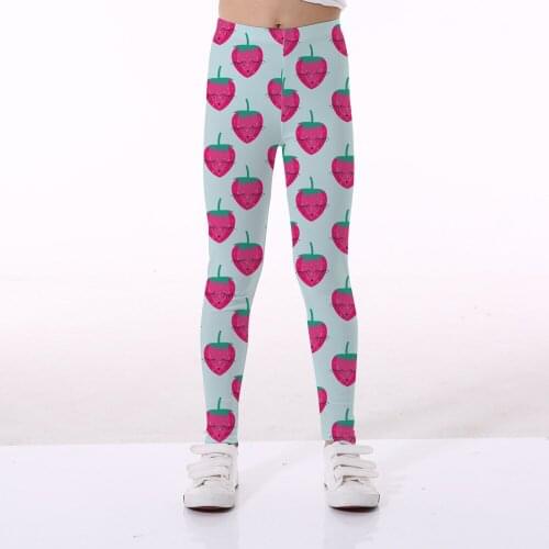 Girls 4-10 Y Autumn Ankle Length 3D Digital Print Strawberry Pattern Leggings Pants Mid-Waist Elastic Sports Underwear Trousers