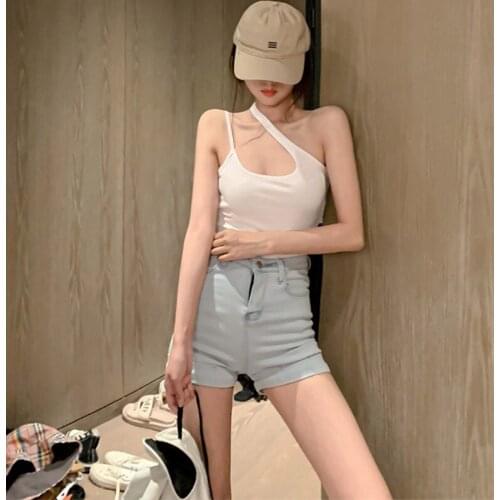 Nightclub sexy irregular vest female oblique shoulders careful machine suspenders blouse short Slim solid color summer