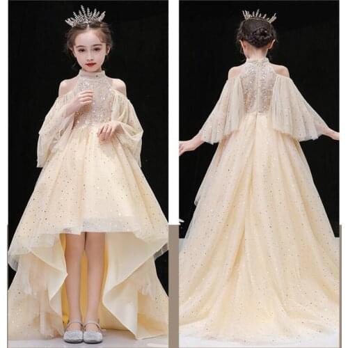 Princess Flower Girl Dress Sequin Golden Tutu Wedding Birthday Party Dresses For Girls Childrens Costume Teenager Prom Designs