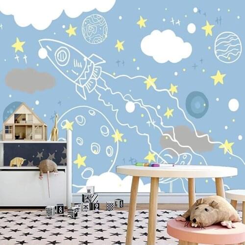 Custom Mural Cartoon Hand Painted Rocket Universe Starry Sky Children Boys Room Bedroom Background Wall Photo Wallpaper For Kids