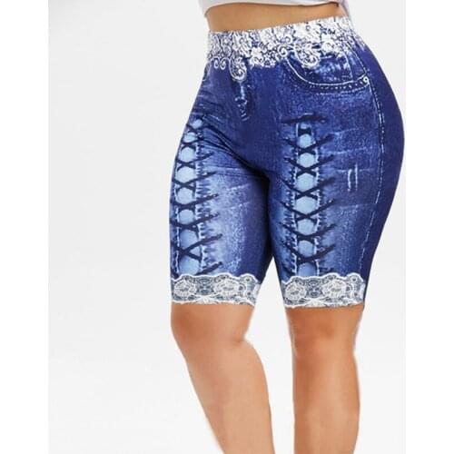 Plus Size Denim Shorts Women Lace Patchwork Bandage Print Bodycon Shorts Elastic Skinny Denim Shorts for Women Short Feminino