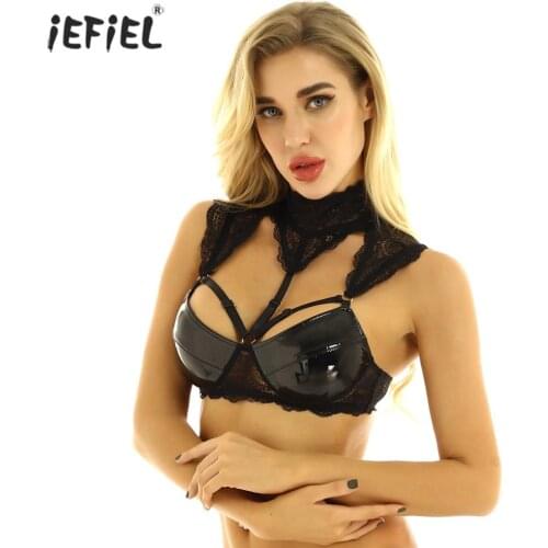 Sexy Lace Crop Tops Women Lingerie Patent Leather Halter Neck Hollow Out Wire-free Unlined Mesh Bra Top Punk Erotic Tank Top