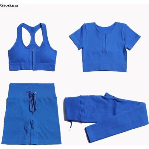 High Waist Leggings Running Women Yoga Zipper T Shirt Bra Seamless Suits Fitness Gym 4 Piece Set Shorts Chandals Mujer