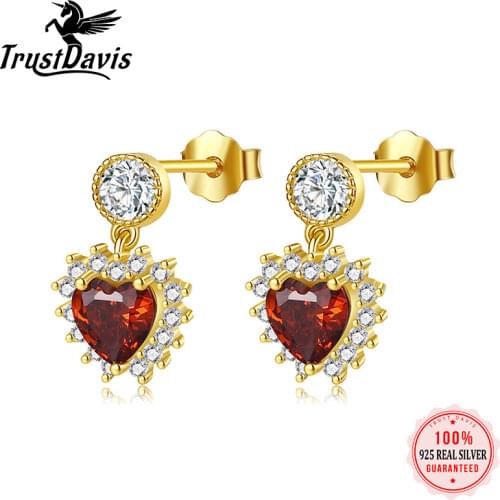 ElfoPlataSi Real 925 Sterling Silver Red Heart Zircon Charm Stud Earring For Women Birthday Gift Girls Daughter Jewerly L063