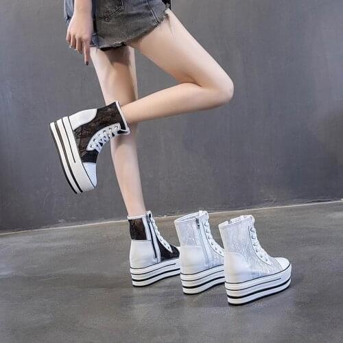 Krasovki Air Mesh Lace High Top Genuine Height Increased Super High Heel Platform Casual Sports Women Casual Shoes Wedge Heel