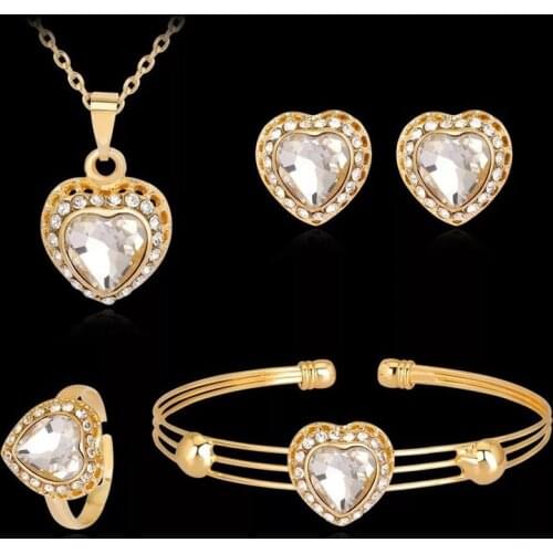 ZOSHI Fashion Love Heart Jewelry Sets for Women Crystal Pendant Costume Wedding Sets Gold Chain Necklace Bangle Earrings Ring