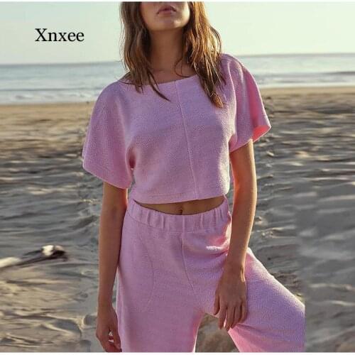 2021 Womens Summer Short T-Shirt Button Cropped Top Wide Straight Pants Suit Casual Fashion Trousers Suit