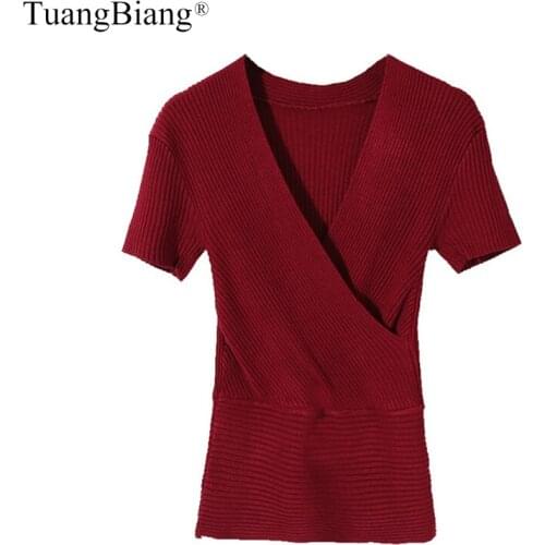 Sexy Deep V-Neck Women Short Sleeve Sweaters Summer Autumn Ladies Knit Tops Party Club Sweater Elastic Slim Female Jumpers 2020