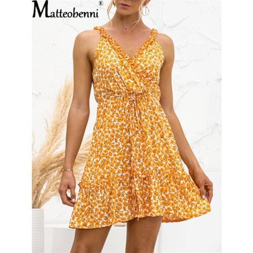 Sexy V-Neck Ruffles Spaghetti Strap Mini Dress Women Summer New Off Shoulder Backless Lace Up Drawstring Design Holiday Vestidos