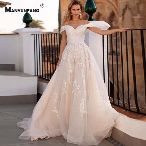 High-End Off the Shoulder Embroidery Appliques Tulle Chapel Train Bridal Ball Gown Elegant Sweetheart Neck Lace Up Wedding Dress