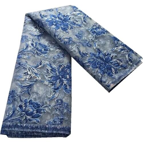 2021 5Yards Blue Brocade Jacquard Fabric African Organza Mesh Cloth Nigerian Floral French Tulle Net Lace Material Sewing DJO9