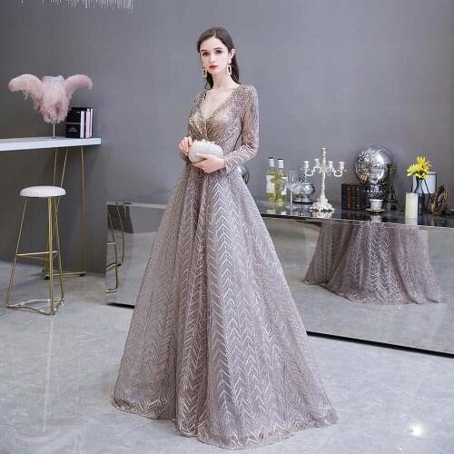 2021 Elegant Arabic Long Sleeve Embroidered Evening Dresses V-Neck Diamonds Beaded Lace Pleated Formal Women Party Gown Dubai
