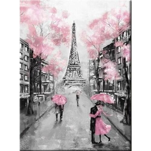 5D Diy diamond painting Pink Umbrella Rainy Day Landscape wedding decoration embroidery mosaic Romatic Couple Paris Tower