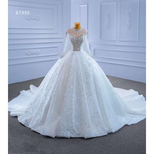 Aoliweiya Ball Gown Crystal Halter Sheer Neck Full Tulle Sleeve IIllusion Back Luxury Sparking Lace Women Wedding Dress
